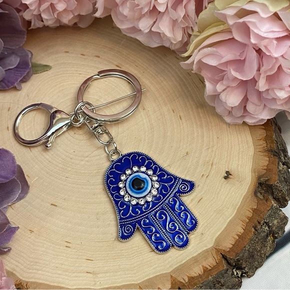 Bohemian Blue Crystal Hamsa Hand with Evil Eye Keychain - Picture 7 of 13
